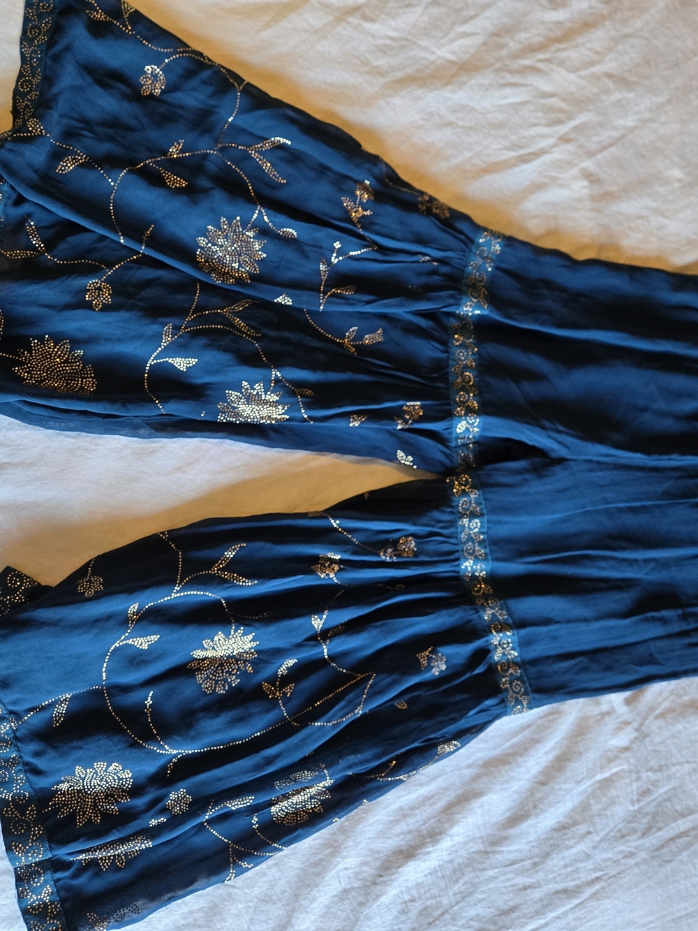 Blue Flare Pants with Metallic Floral Embroidery